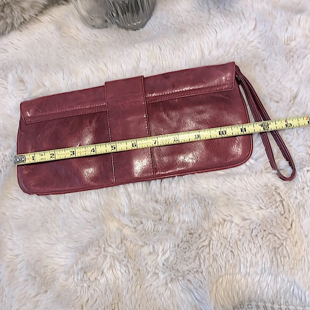 Hobo International Boho Burgundy Rust Distressed Leather Wristlet Clutch Bag